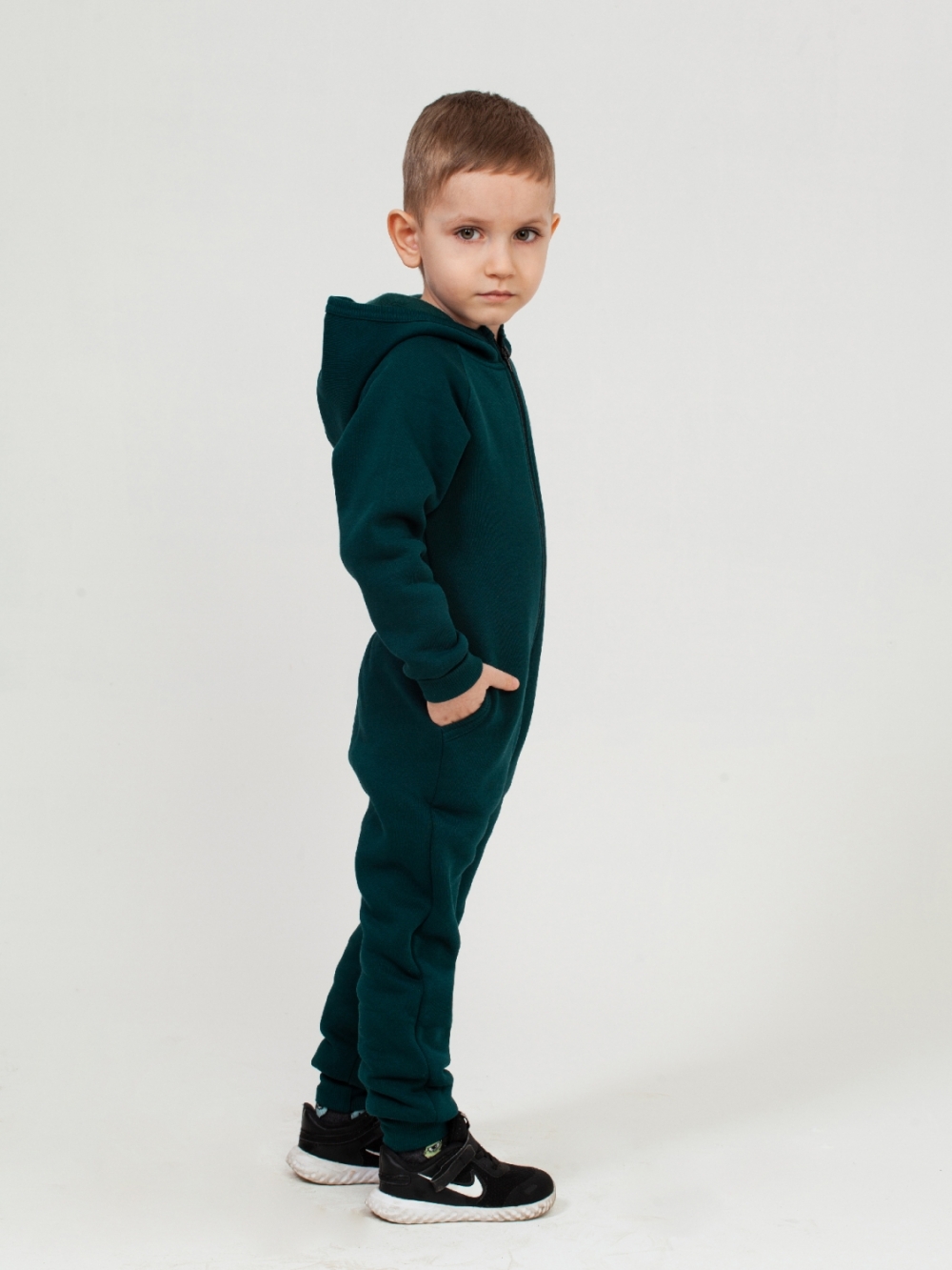 318-ИЗ. Комбинезон на молнии с капюшоном, изумруд, хлопок 65%, 35% ПЭ, 3 нитка толстовка (начёс) 86,92,98,104