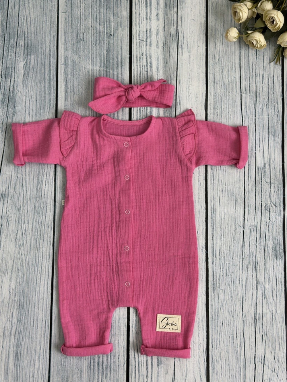 336-Ф. Комбинезон с повязкой для девочки из муслина, хлопок 100%, размеры 56,62,68, фуксия